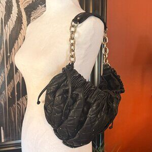 BCBG Max Azria Black Quilted Leather Shoulder Bag With Stud Details Gold Chain